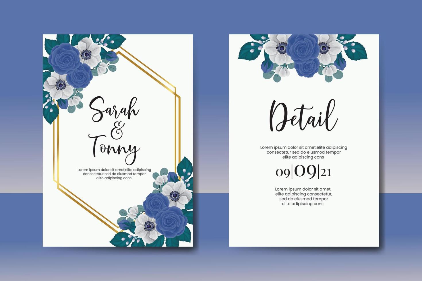 Wedding invitation frame set, floral watercolor Digital hand drawn Blue Rose flower design Invitation Card Template vector