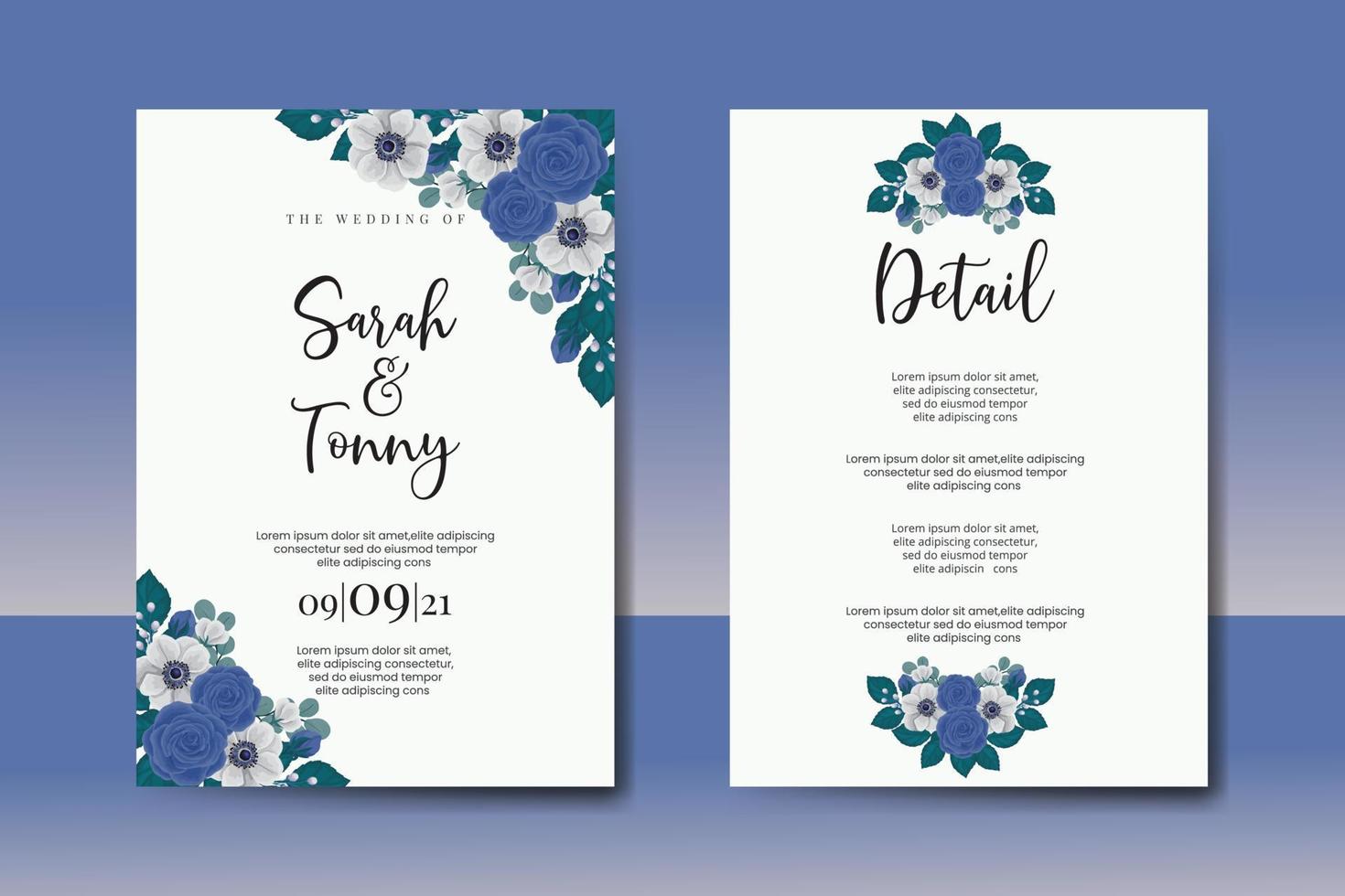 Wedding invitation frame set, floral watercolor Digital hand drawn Blue Rose flower design Invitation Card Template vector