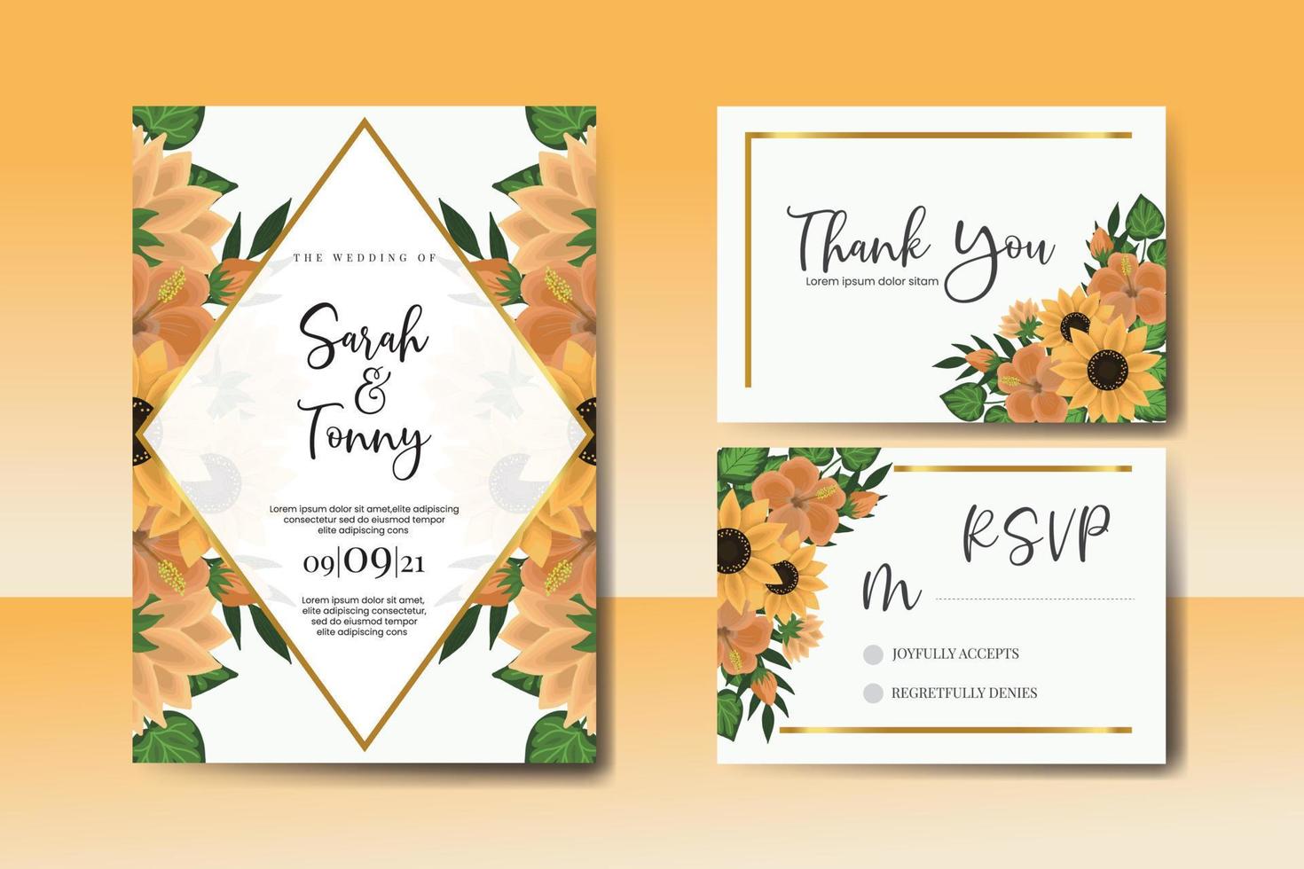 Wedding invitation frame set, floral watercolor Digital hand drawn Sunflower design Invitation Card Template vector