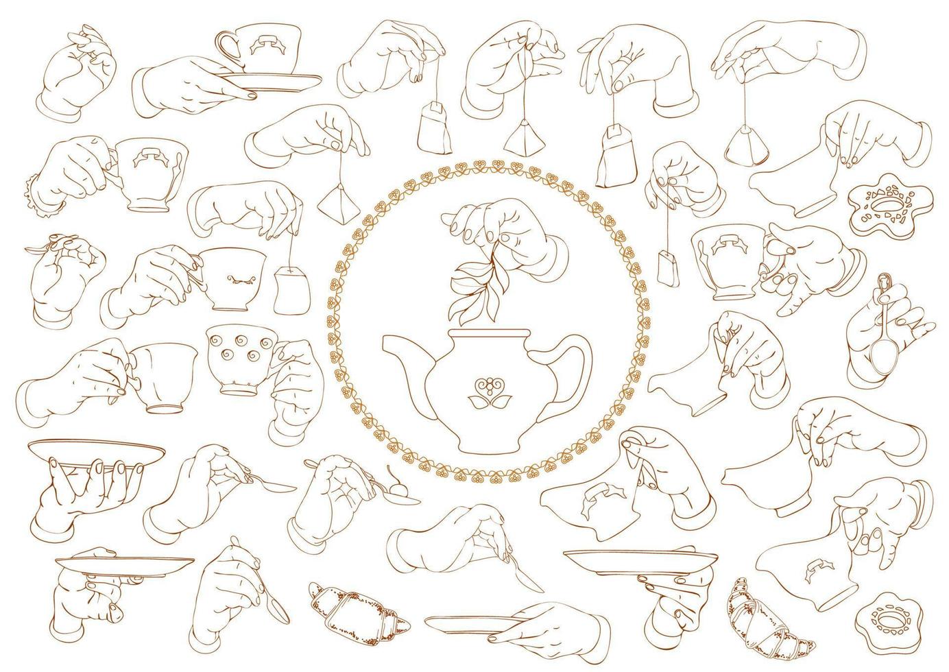 Hands with a teacup, saucer, and spoon. Funny hands. Vector. vector