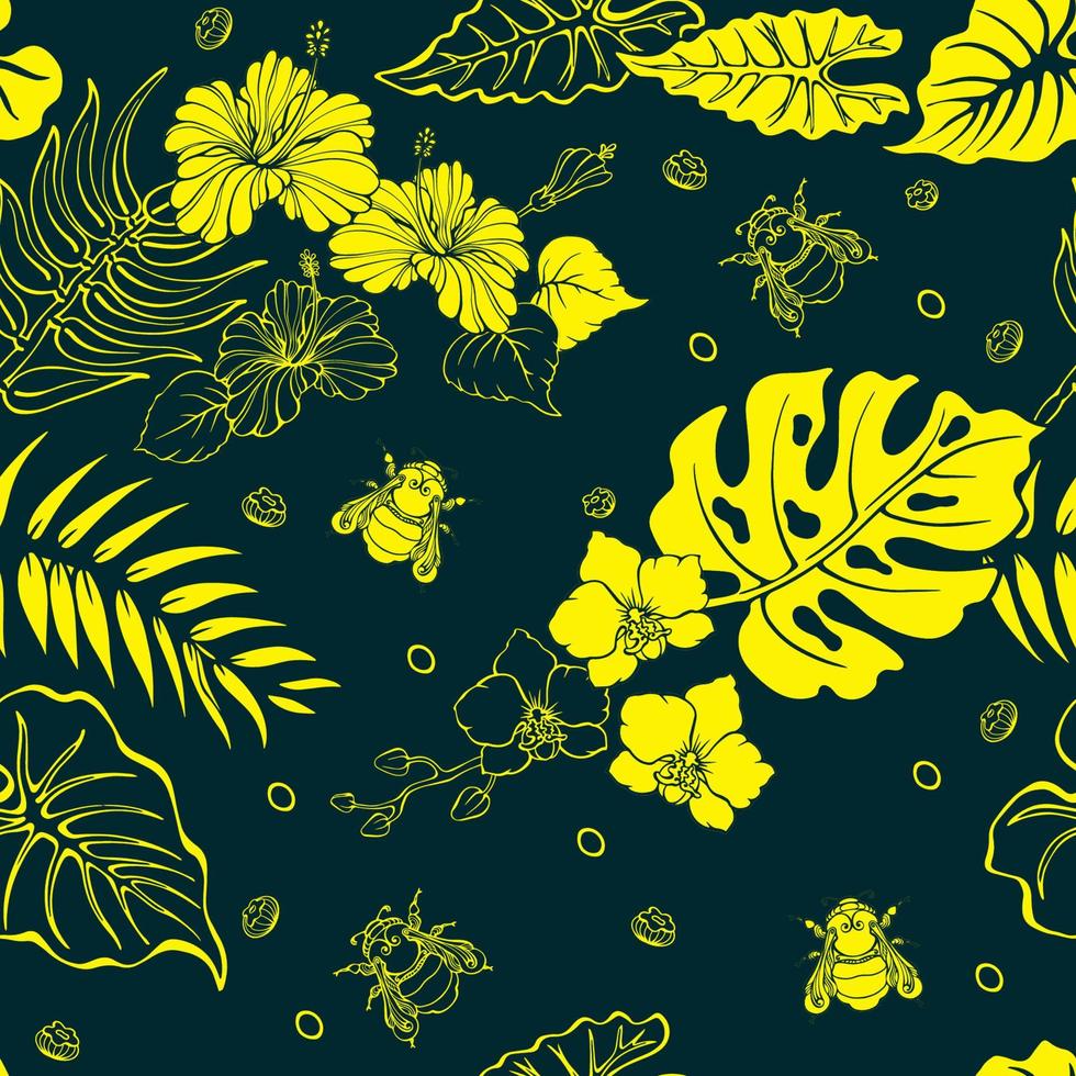 Bumblebee, monstera and orchid. Seamless pattern with tropical plants. Vector. vector