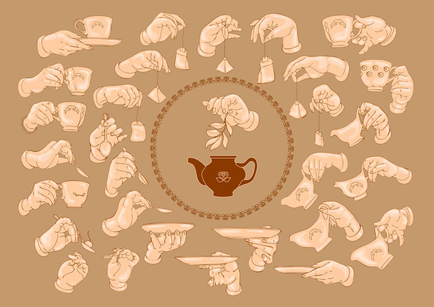 Hands with a teacup, saucer, and spoon. Funny hands. Vector. vector