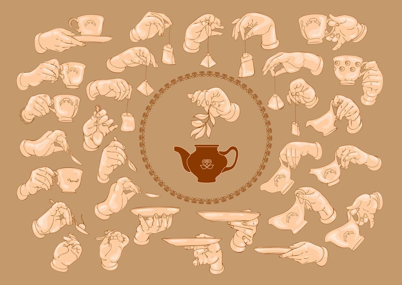 manos con un taza para té, platillo, y cuchara. gracioso manos. vector. vector