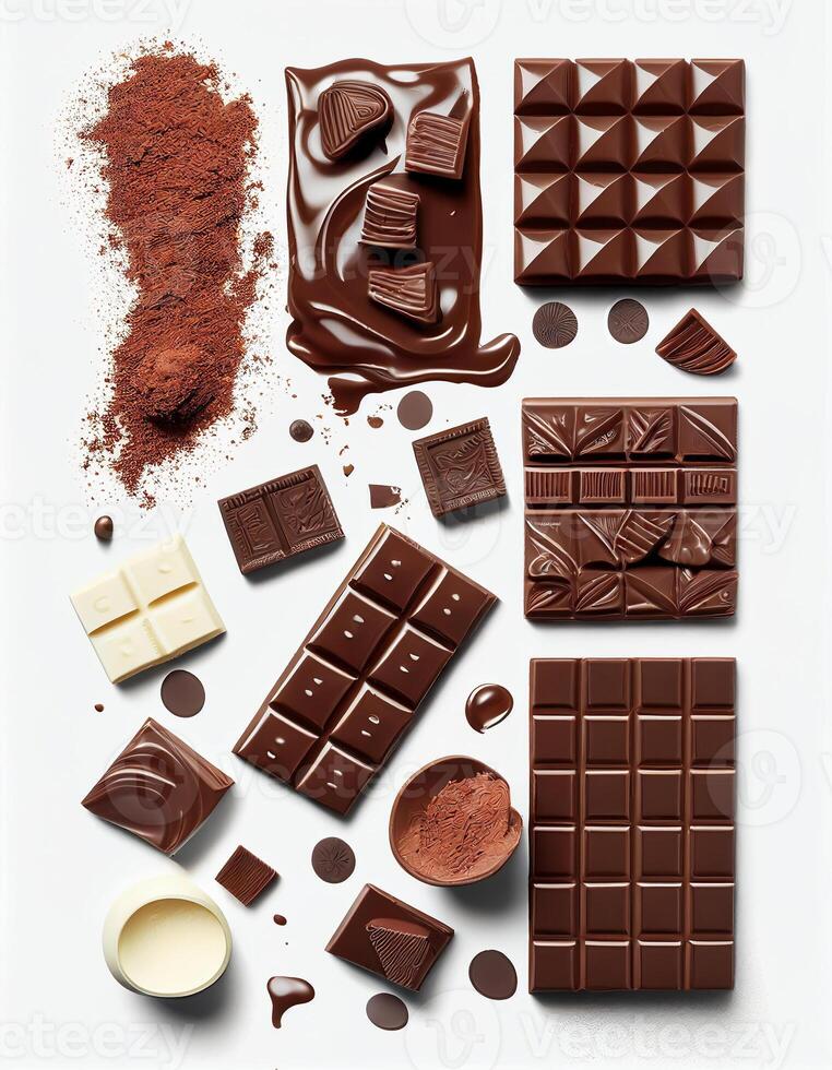 Chocolate bars and cocoa powder set on white background, created with photo