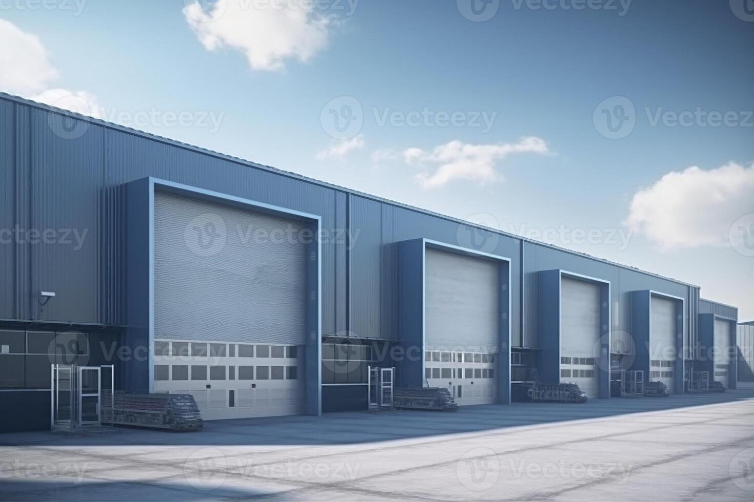 Large distribution warehouse with doors for goods loading, created with photo