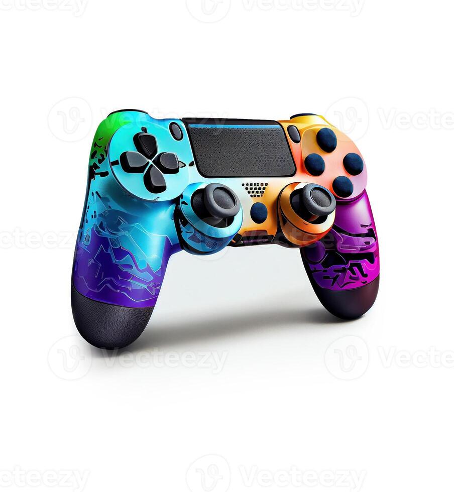 Colorful wireless gaming controller on white background, created with photo