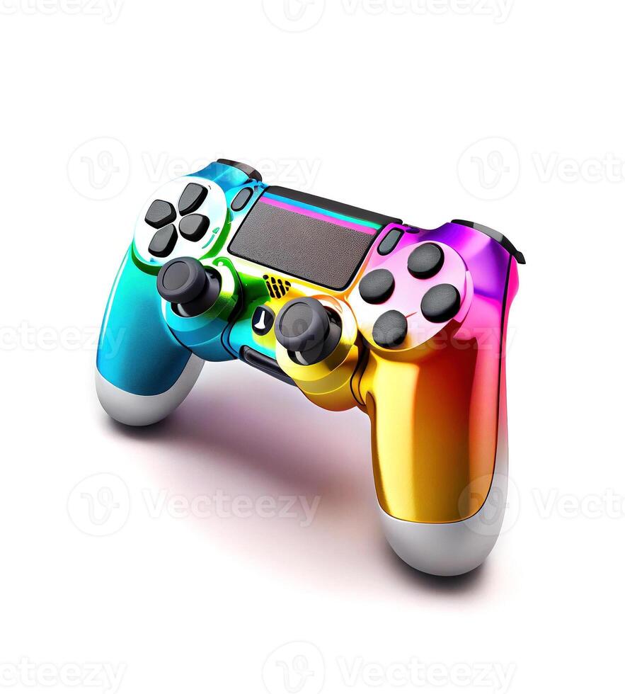 Colorful wireless gaming controller on white background, created with photo