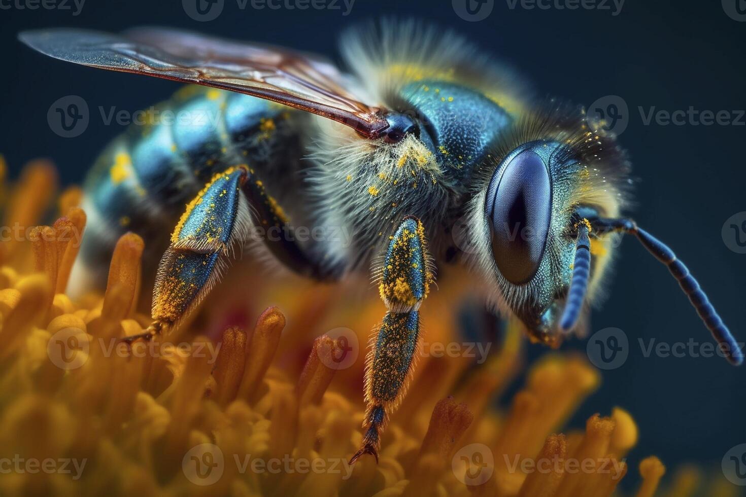 macro Disparo de abeja coleccionar polen, creado con generativo ai foto