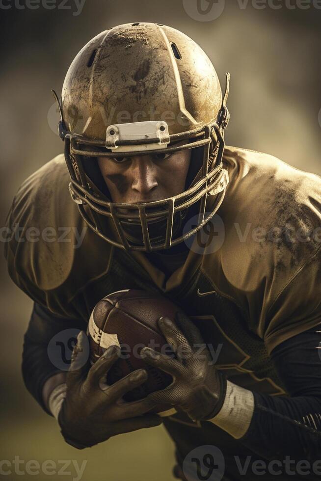 American football player holdng a ball, created with photo