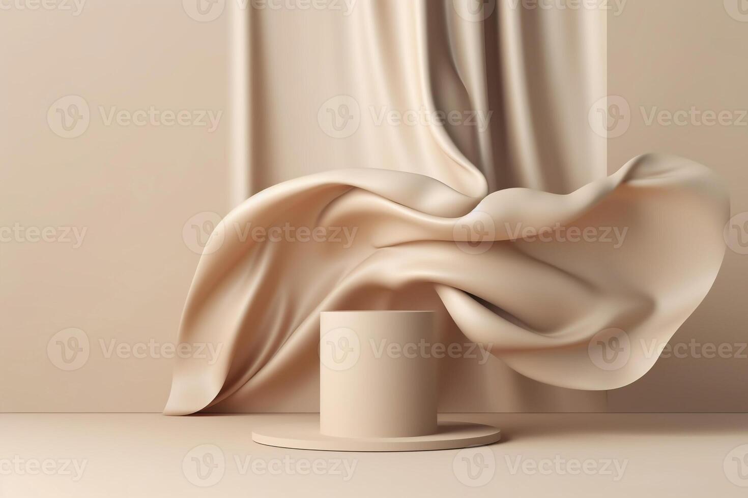 Beige podium with flying soft silk, created with photo