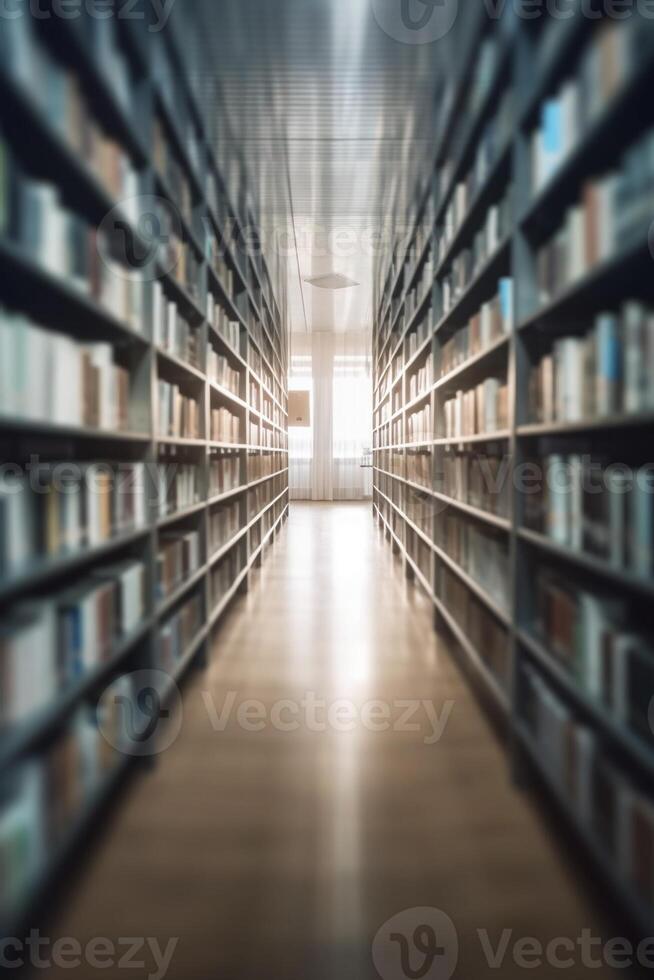 borroso estante para libros en el biblioteca, creado con generativo ai foto