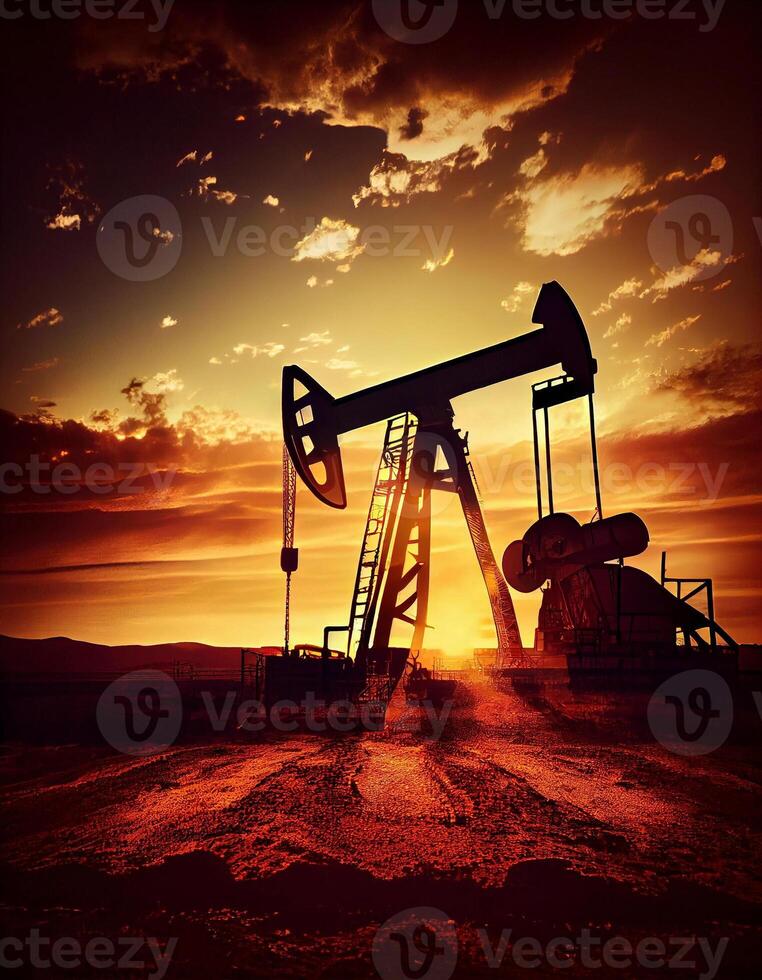 Crude oil pumpjack in the desert, created with photo