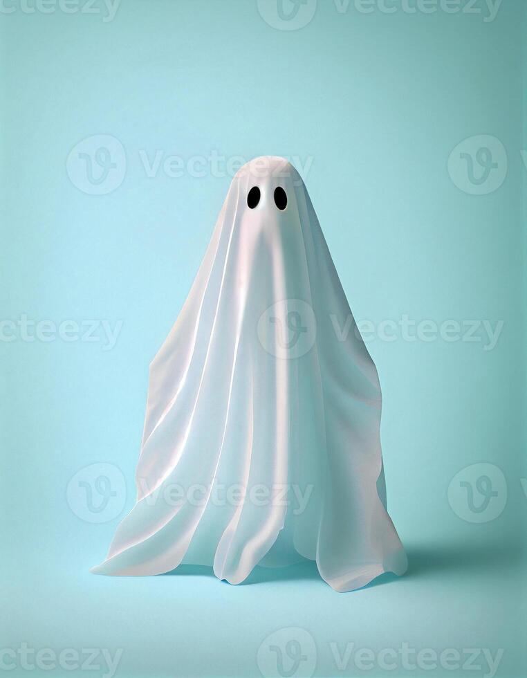 White ghost on blue pastel background, created with photo