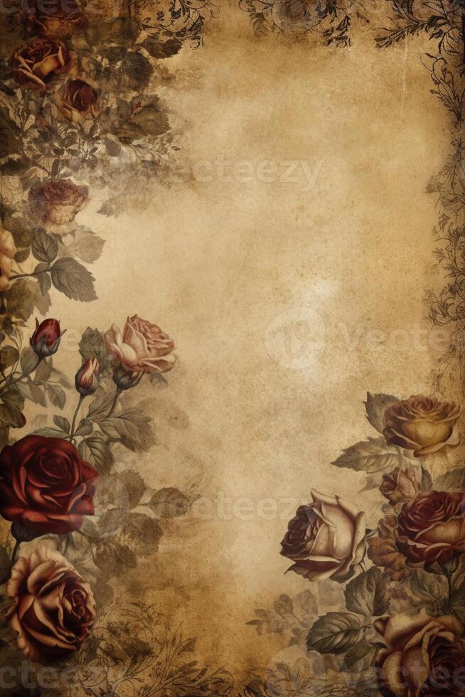 Antique paper with rose frame backdrop, created with photo