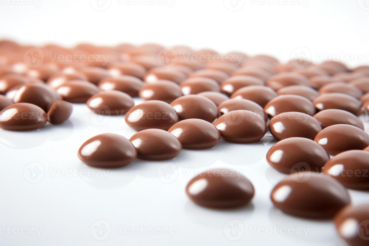 Milk chocolate drops on white background. photo