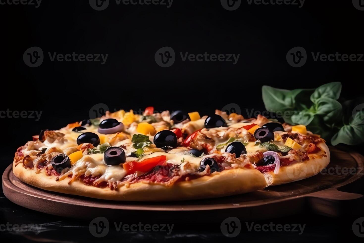 Pizza Veggie. Italian pizza with mozzarella, olives, sausage, and vegetables on black background. photo