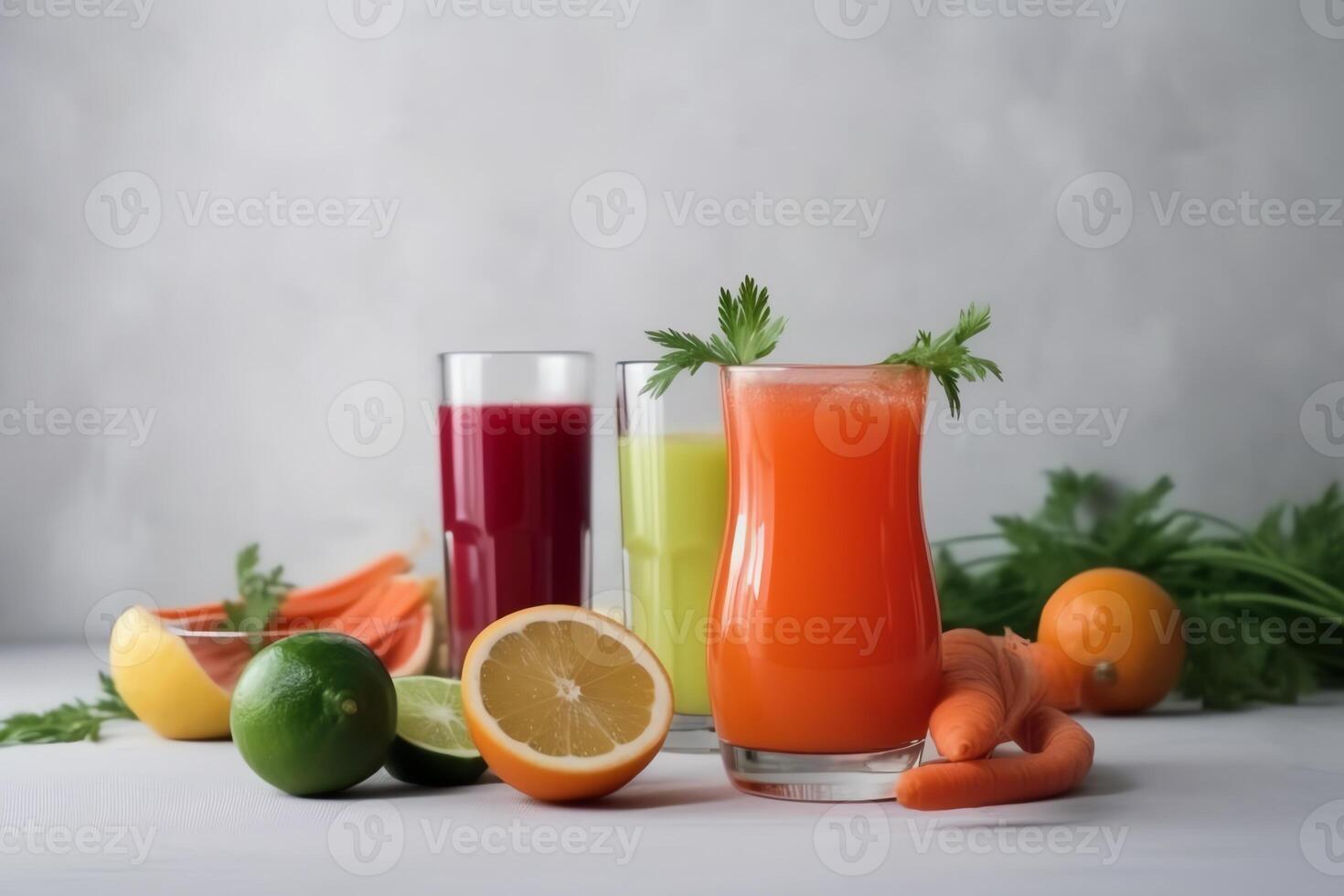 Fresh vegetable juice on white background. photo