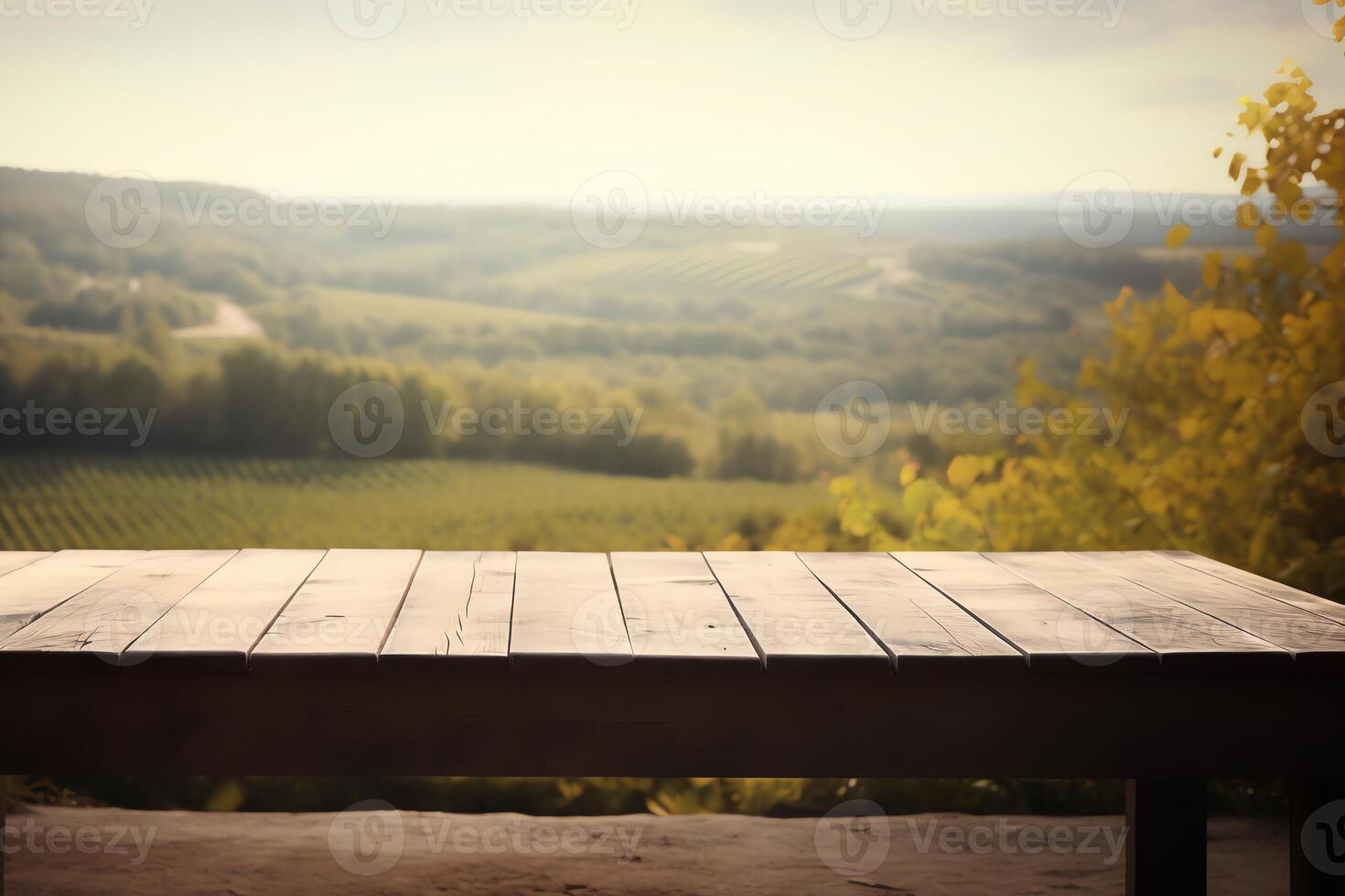 Empty wooden table with blurred French vineyard in background. photo