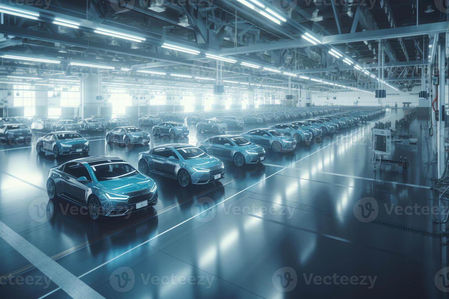 Automotive digitalization. High tech EV assembly line with Industry 4.0, 5G, and IoT. photo