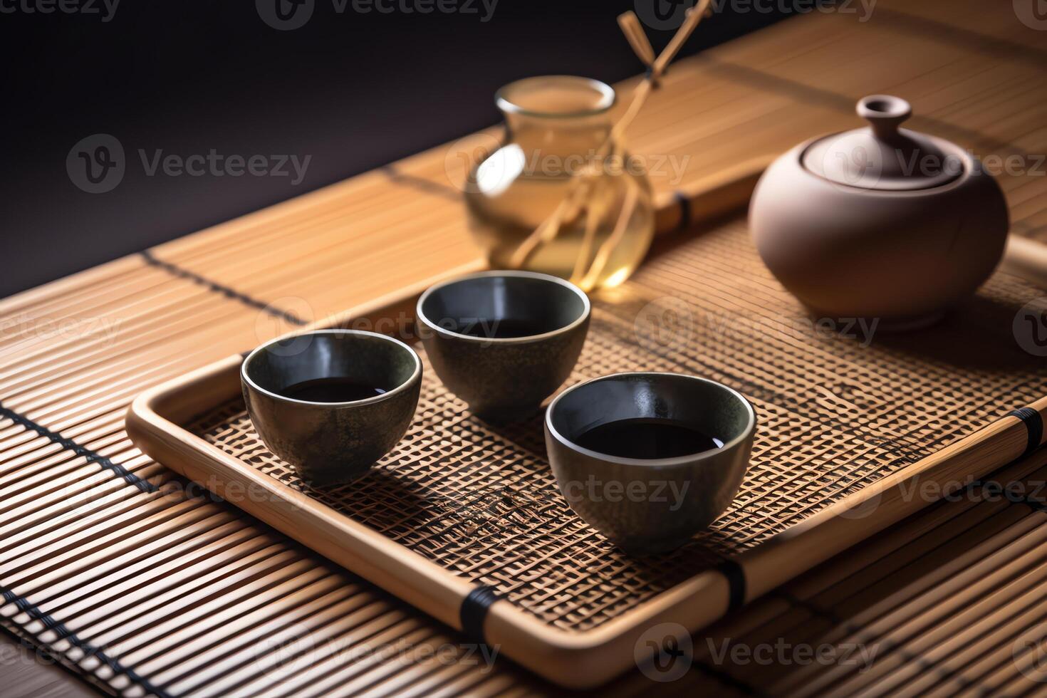 Japanese tea set on bamboo mat with hot tea. photo