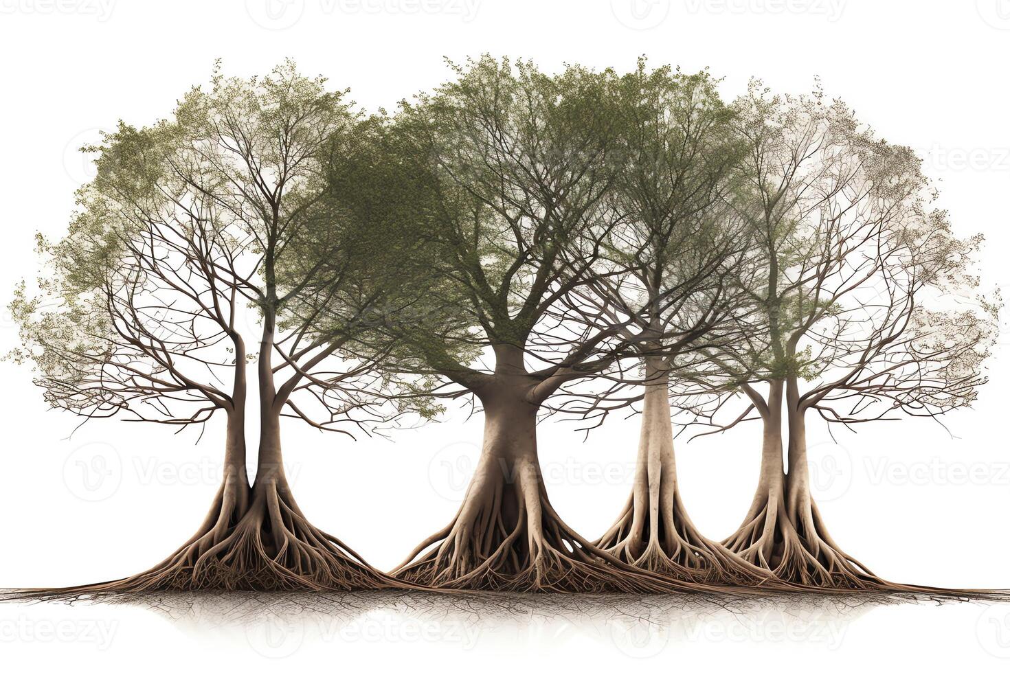 Tree groups on white background with roots. photo