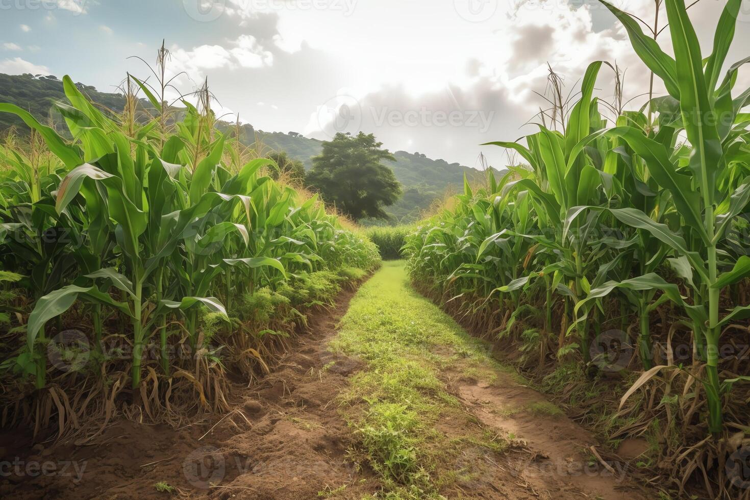 orgánico maíz granja o maíz campo plantación. ai generado foto