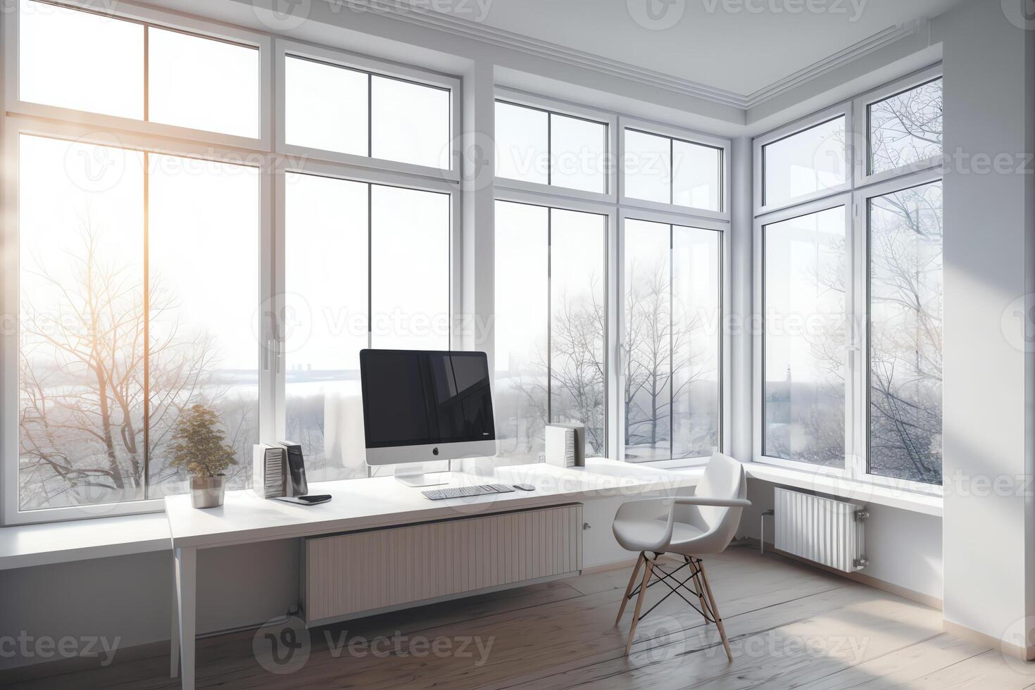 Light office with computer and panoramic window. photo