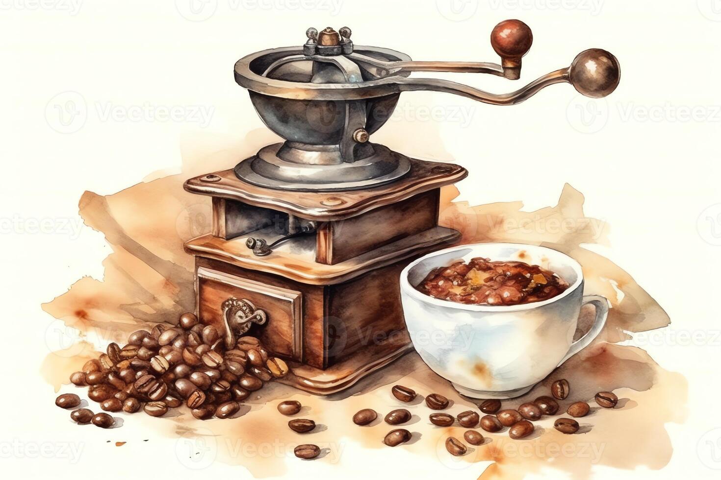 Vintage coffee grinder and beans watercolor illustration. photo