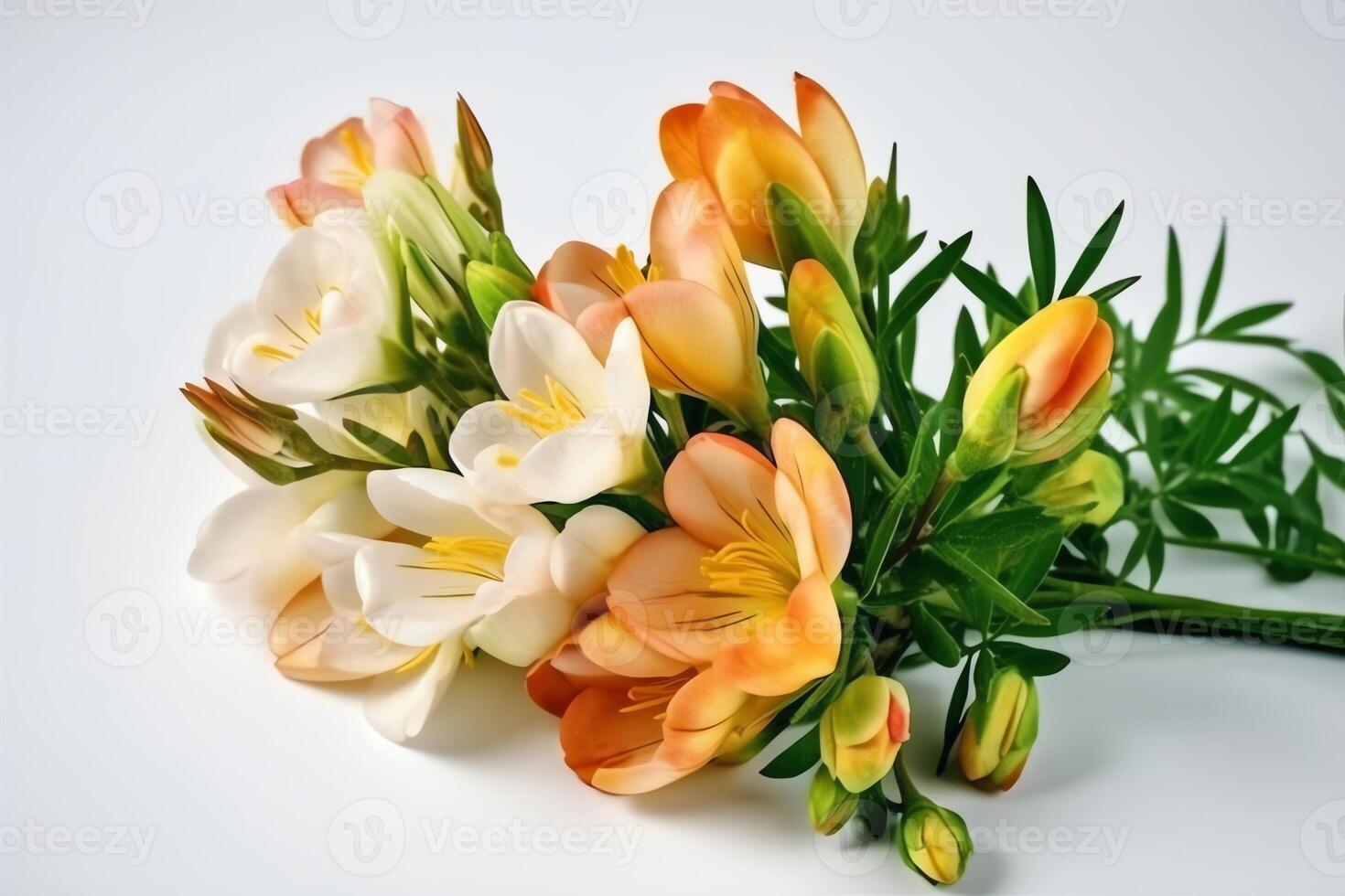 Freesia flower bouquet with leaves isolated on white. photo