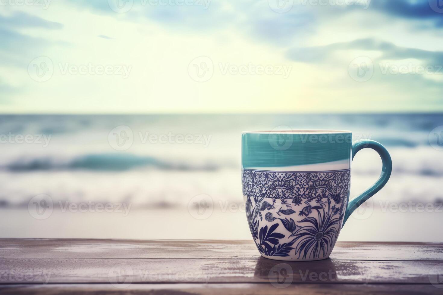 Coffee mug on tropical island table with ocean waves backdrop. photo