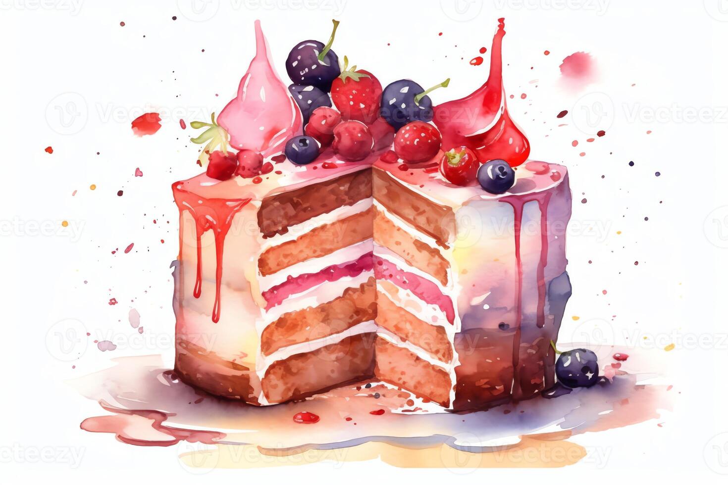 Watercolor birthday cake illustration. photo