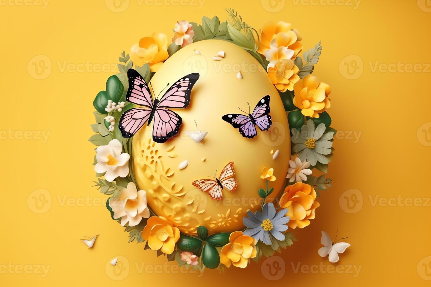 contento Pascua de Resurrección huevo con flores y mariposas en amarillo antecedentes. ai generado foto