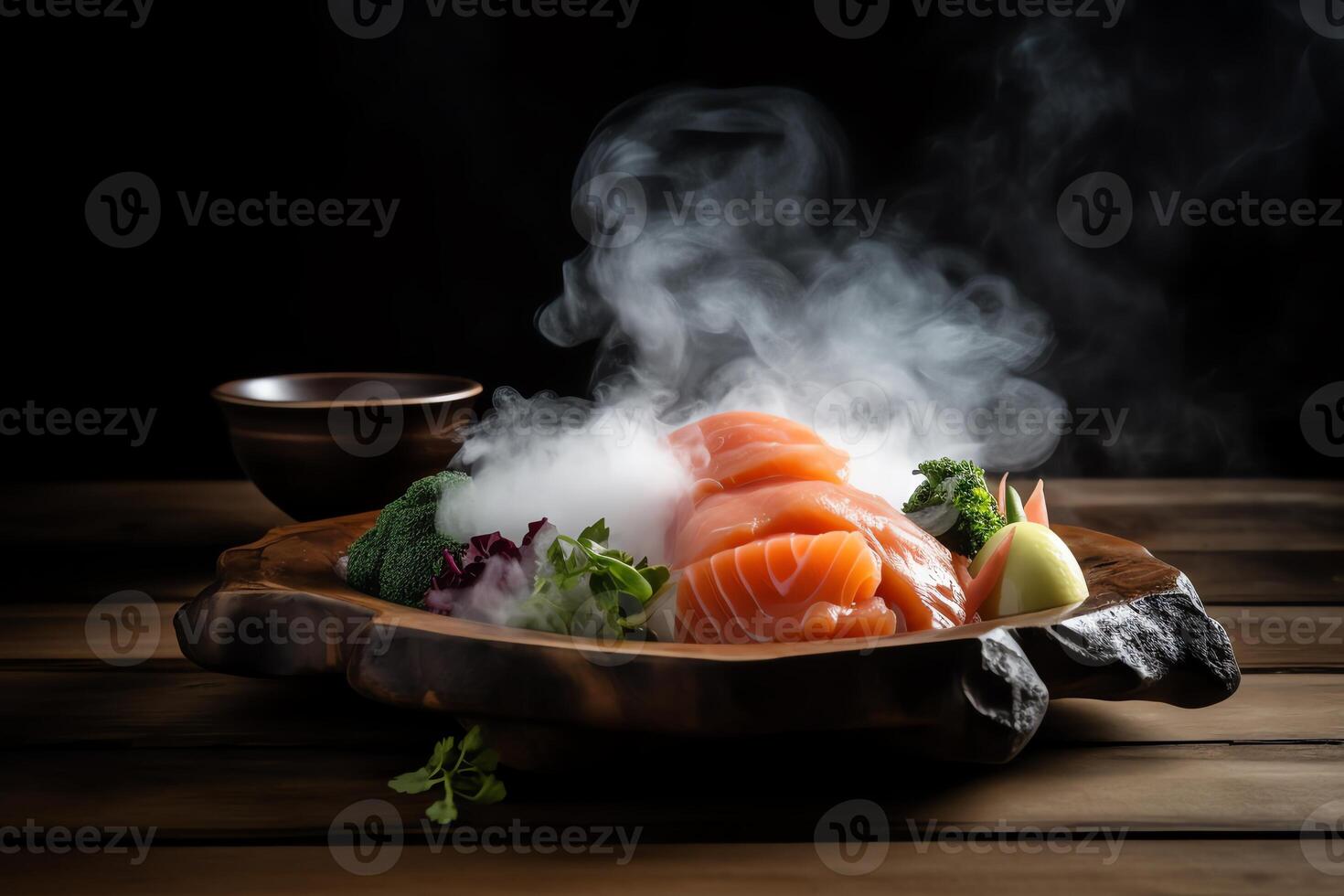 crudo salmón sashimi con jengibre, wasabi, y verduras en de madera mesa con seco hielo fumar. ai generado foto