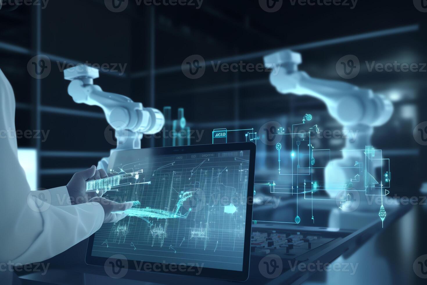 Industry 4.0 robot concept with engineers using tablets and robot arms. photo