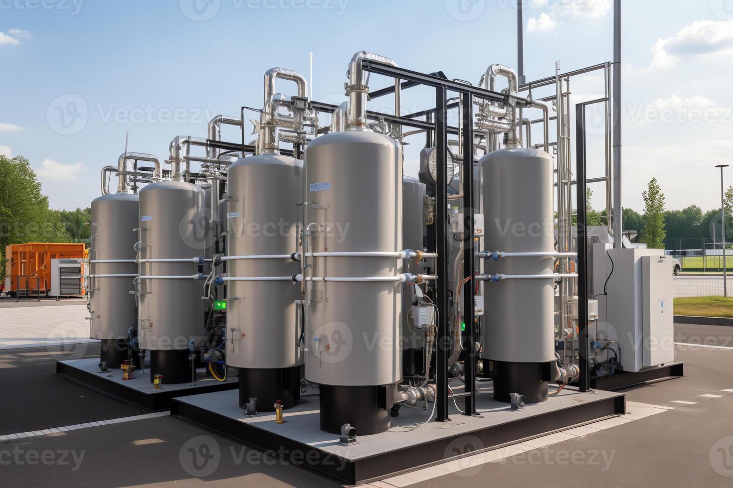 Hydrogen electrolysis equipment for energy storage and supplying energy to the city with hydrogen tanks. photo