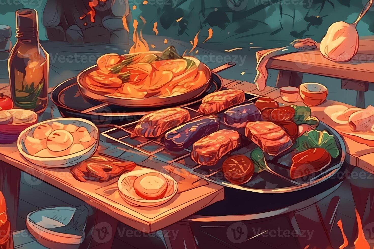 Outdoor BBQ party illustration with grilled meat and vegetables. photo