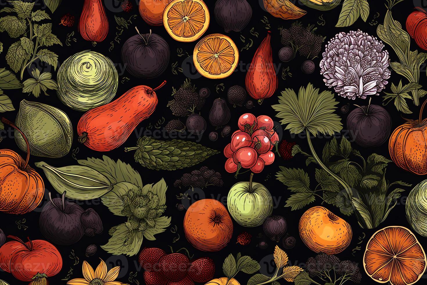 Seamless fruit and vegetable texture on black background. photo