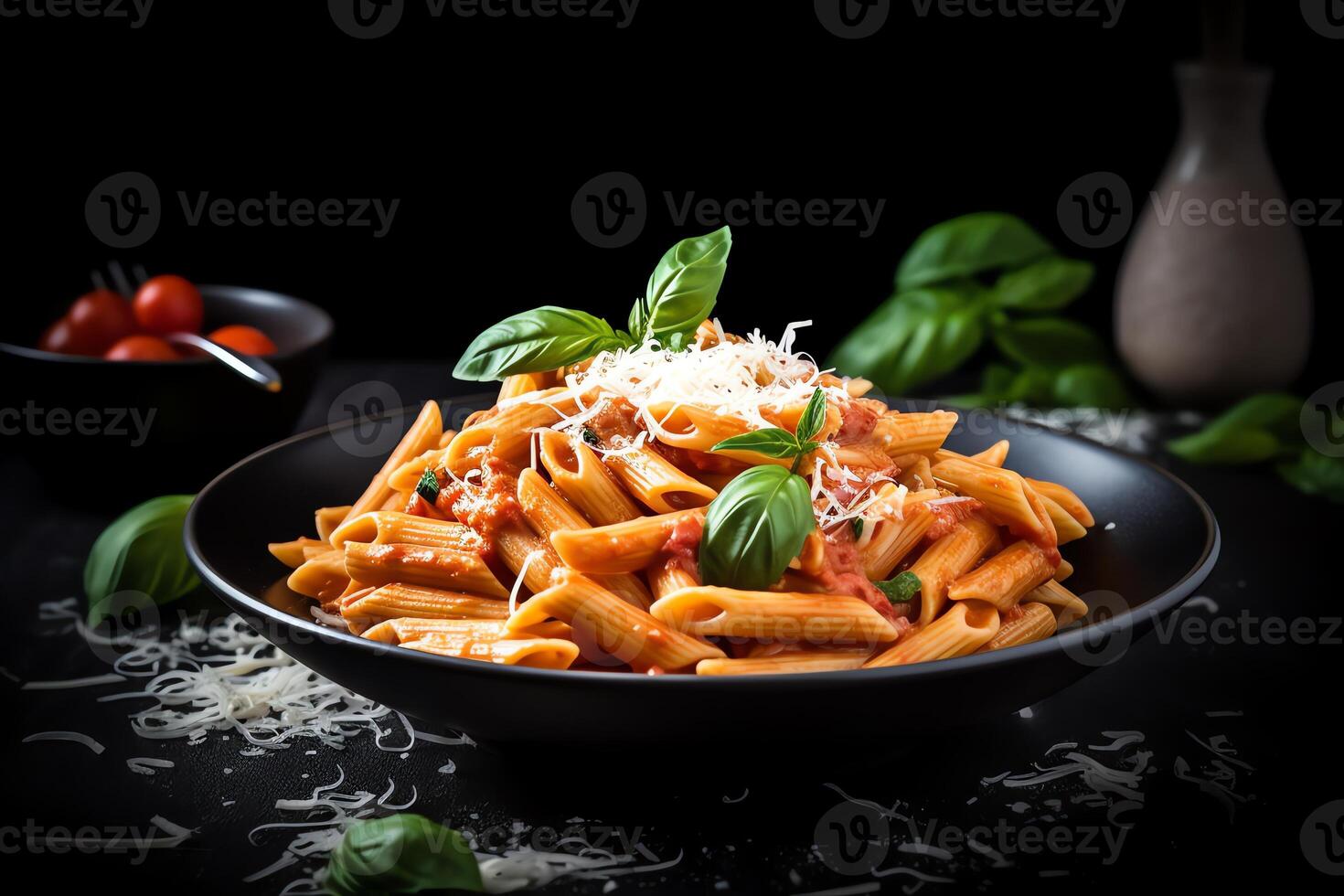 Penne pasta with tomato sauce, parmesan cheese, and basil on dark background. photo