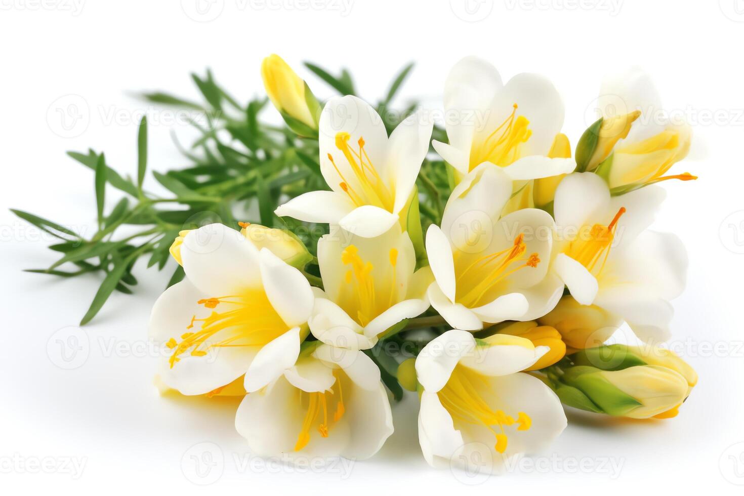 Freesia flower bouquet with leaves isolated on white. photo