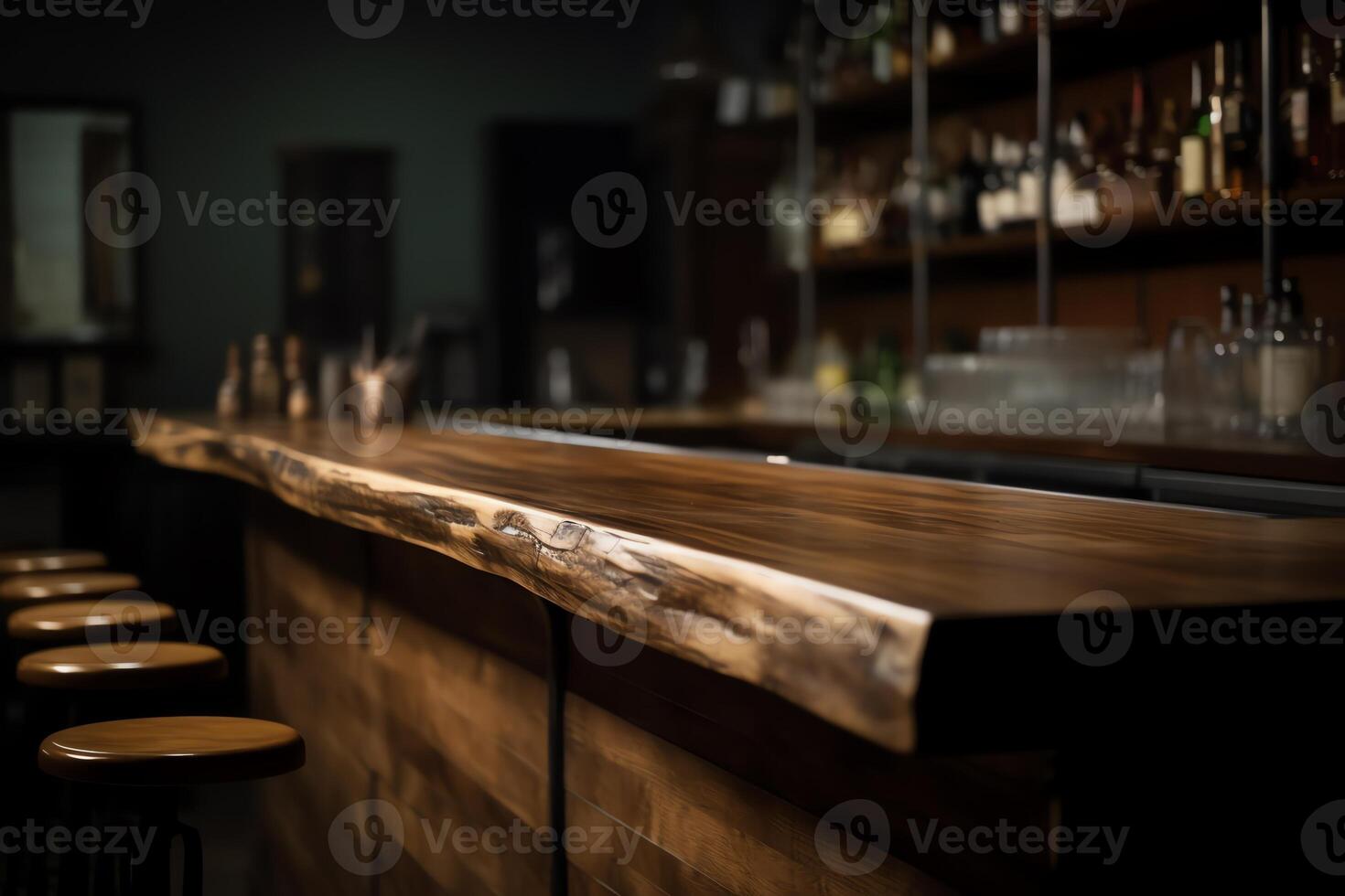 Bar with retro wood desk and blurred background. photo