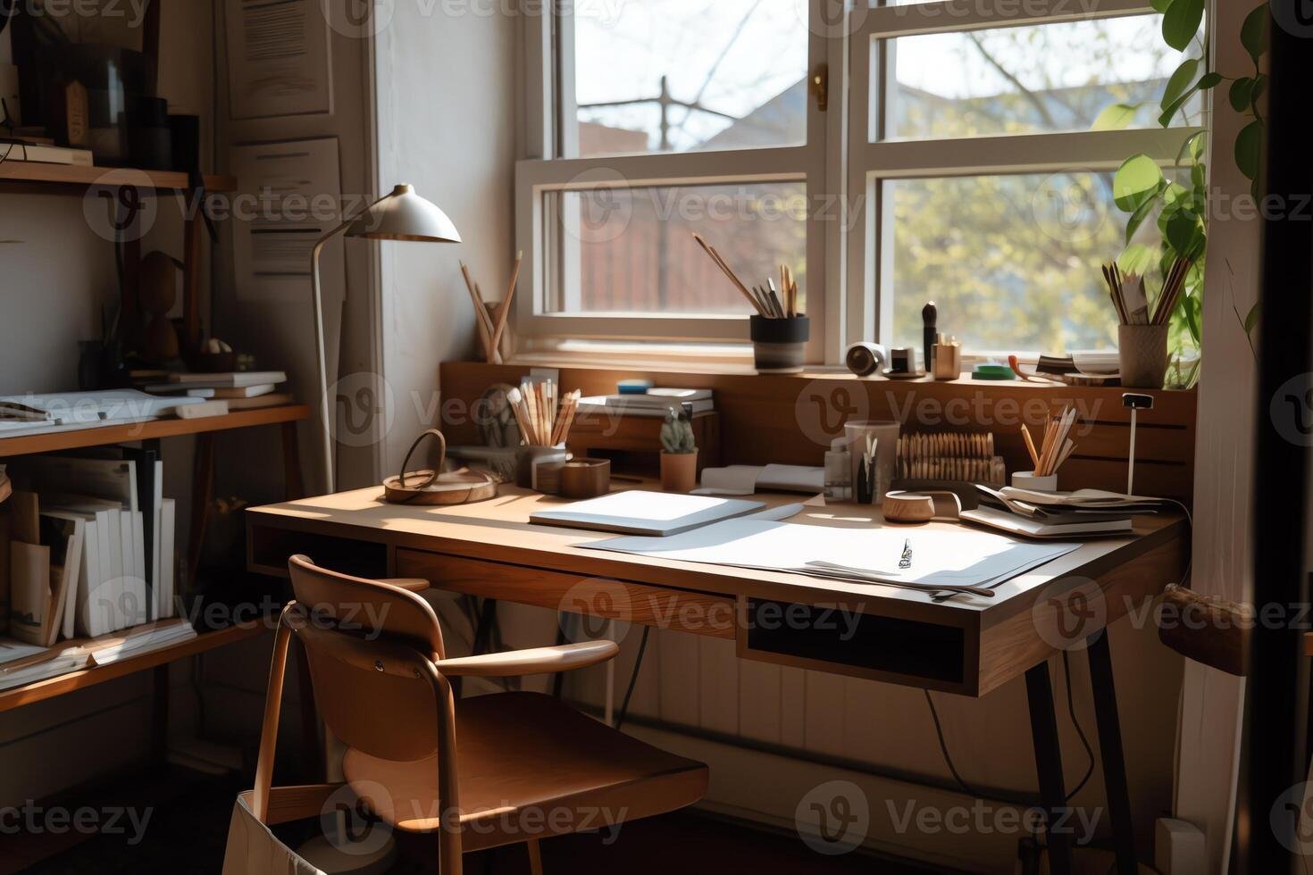 Home office with open sketchbook and desk for students. photo