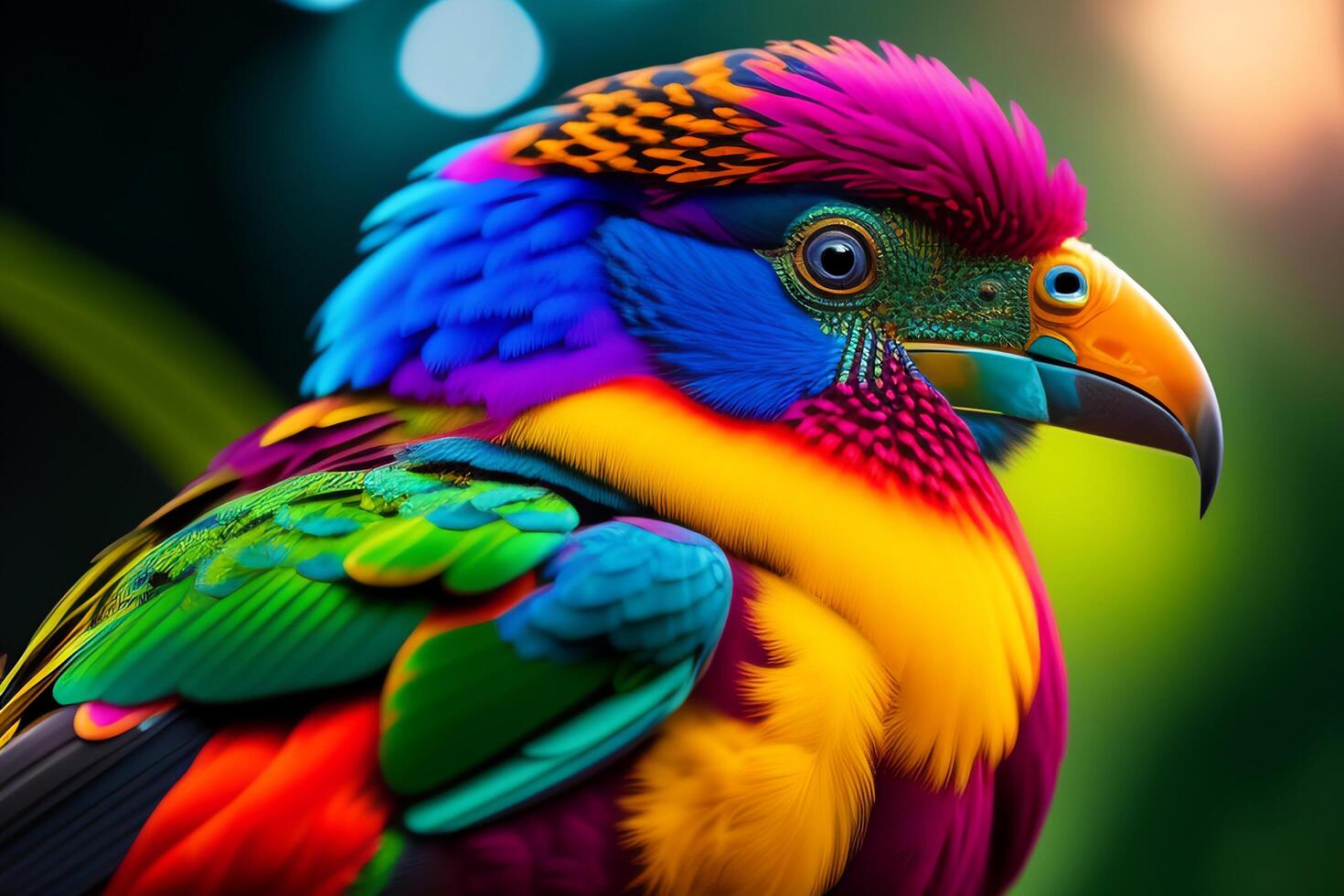 Colorful macaw parrot sitting on colorful bokeh background. photo