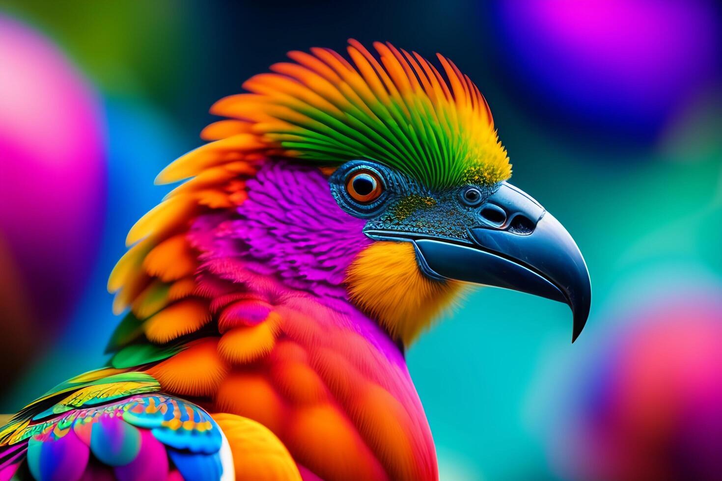 Colorful macaw parrot sitting on colorful bokeh background. photo