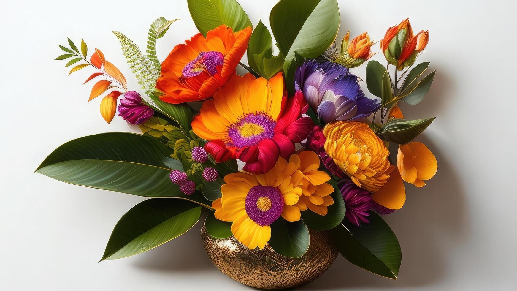 Bouquet of colorful flowers in a vase on white background. photo