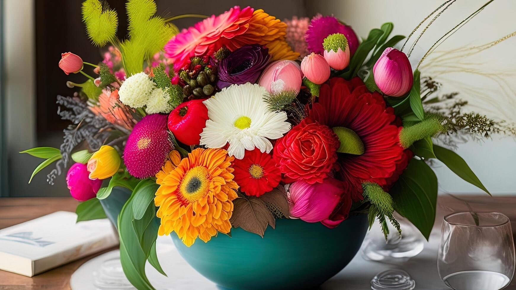 Bouquet of colorful flowers in a vase on the table. ai generated