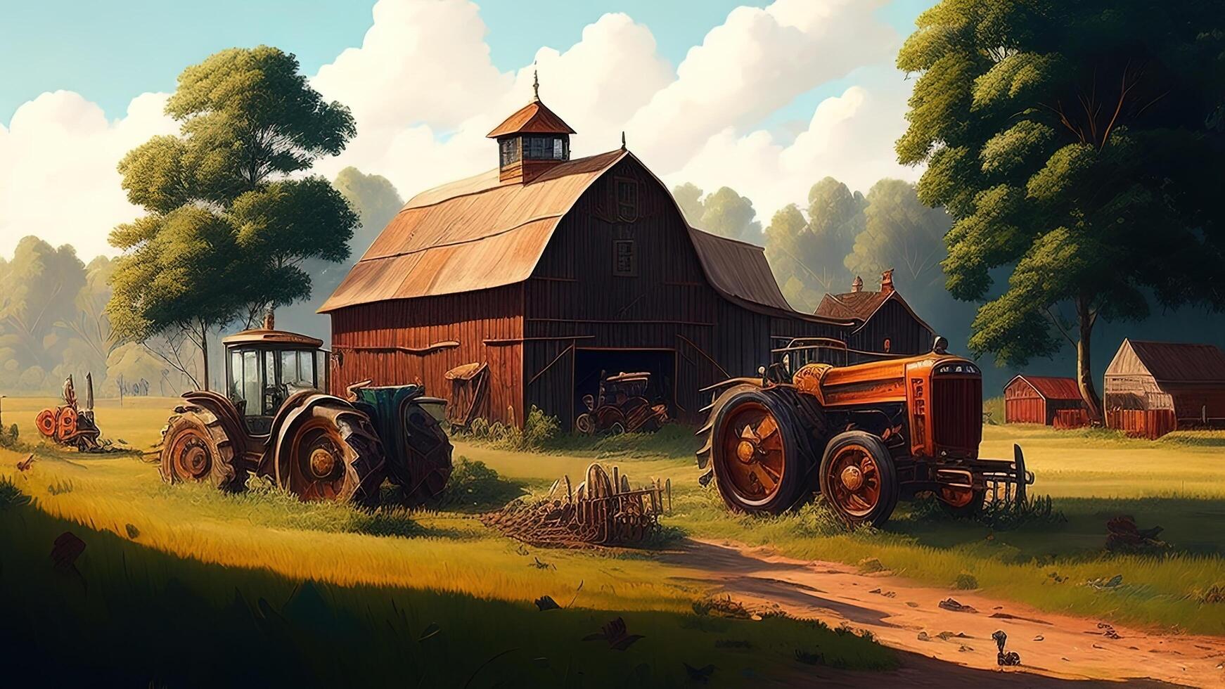 Countryside landscape with old wooden barn and tractor. photo