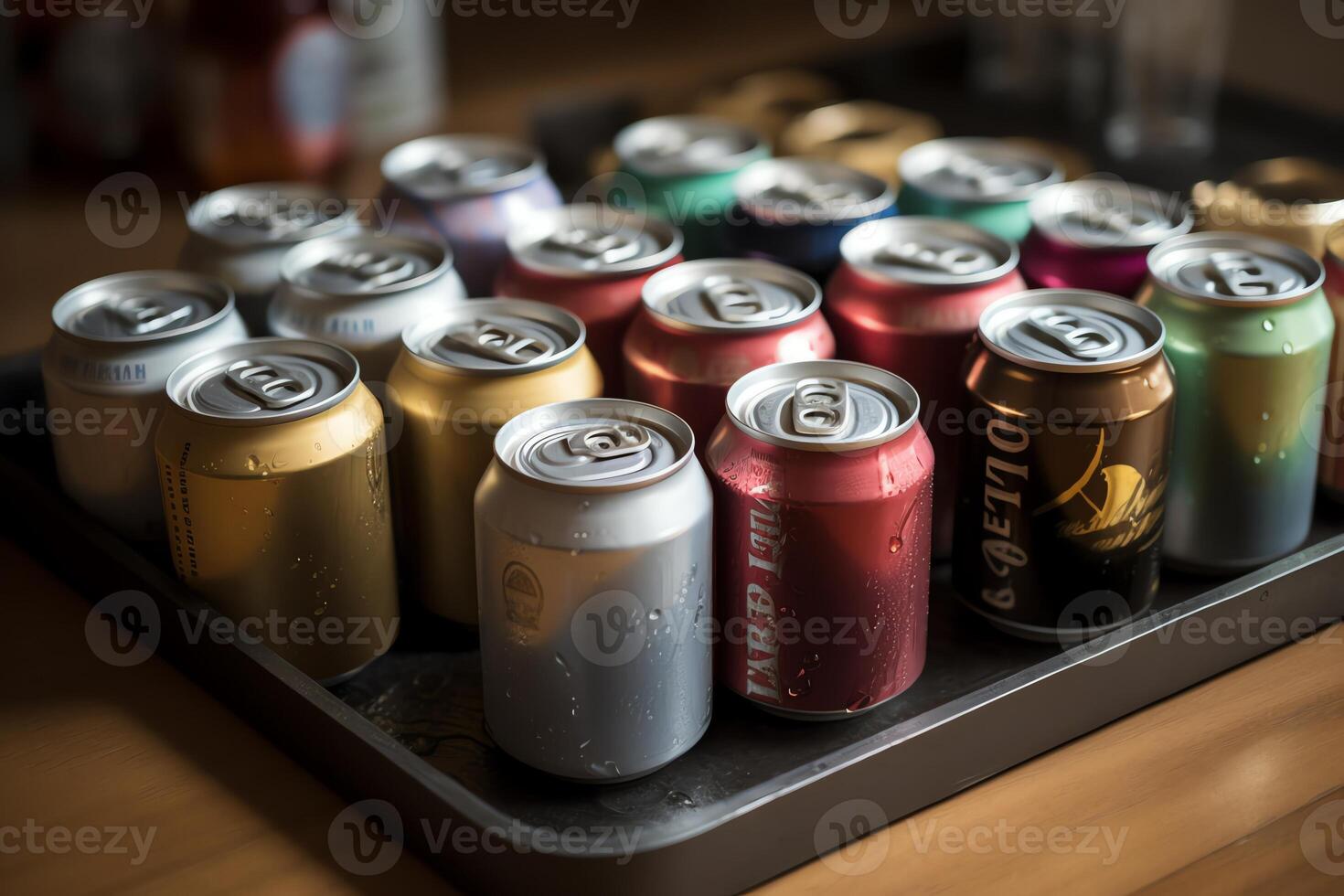 Chilled cans of sweet drinks and beer. photo