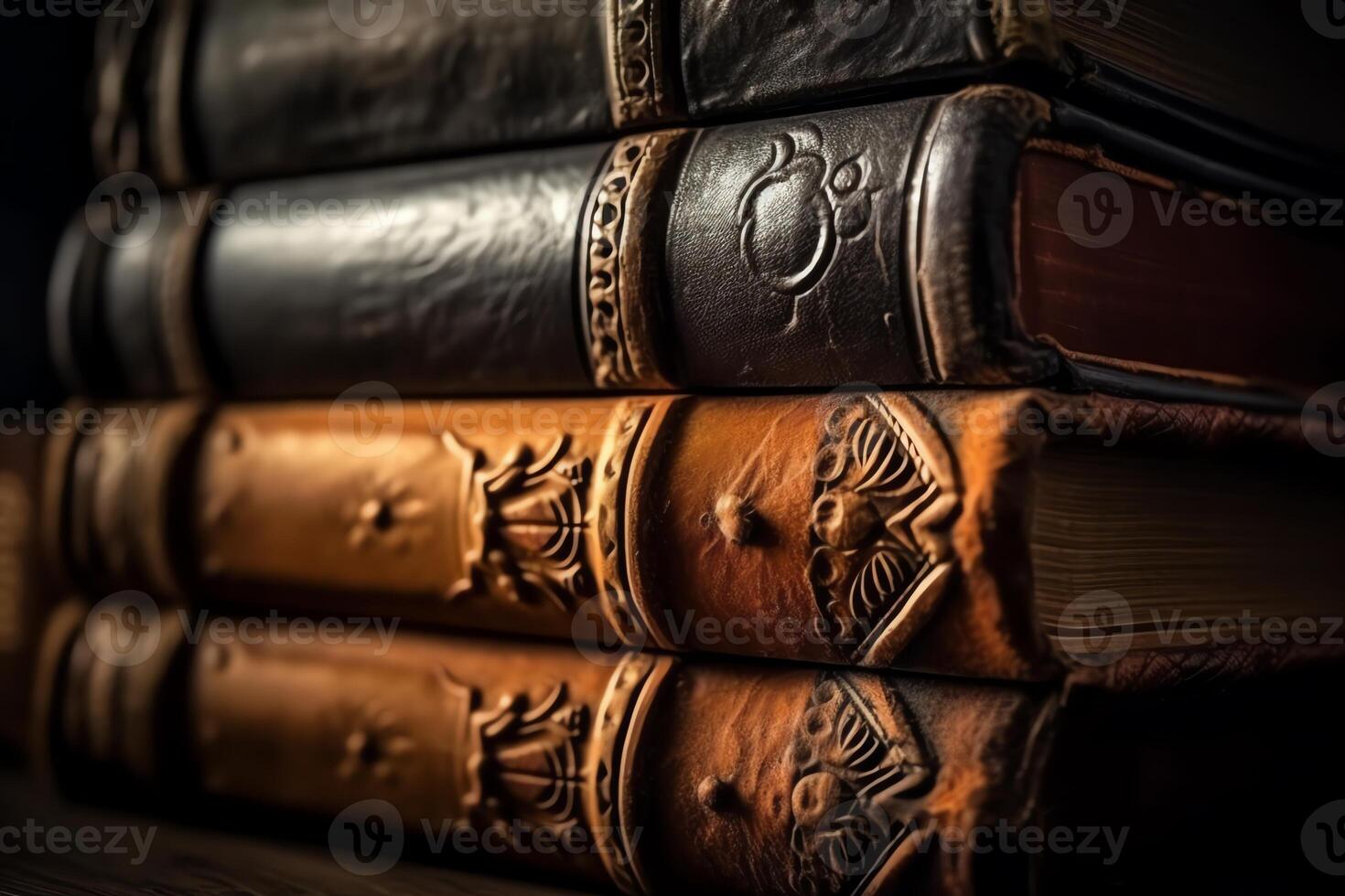 Antique leather books stack in library banner header image. photo
