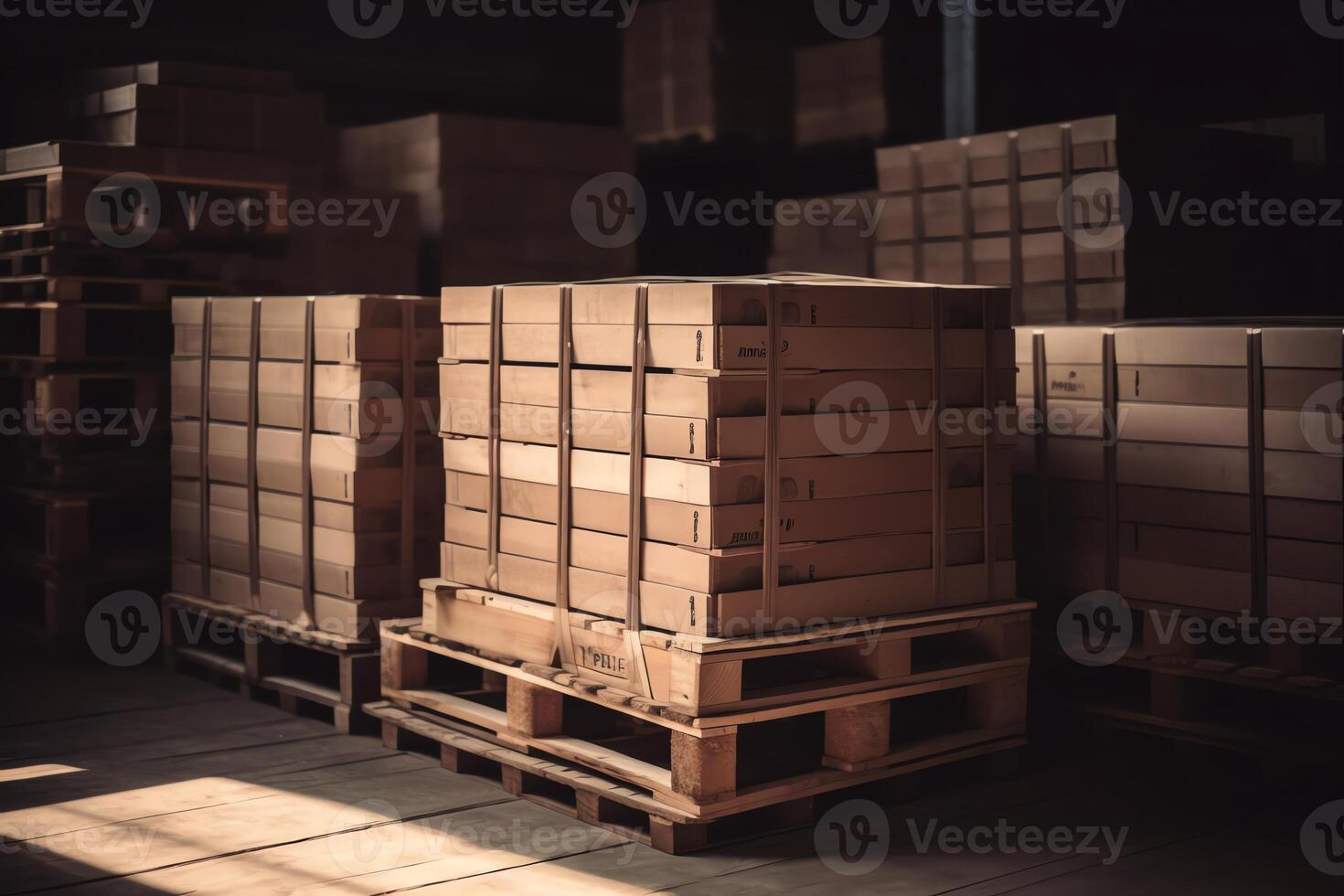 Brown cardboard boxes on wooden pallet. photo