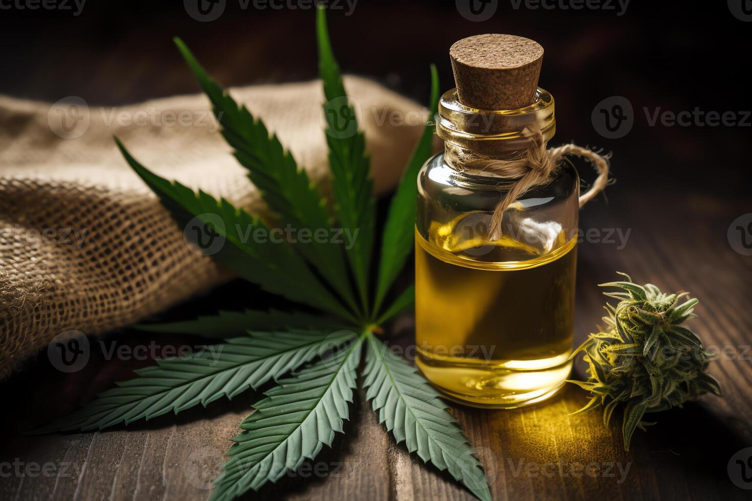 CBD oil for sleep with hemp leaf and mask. photo